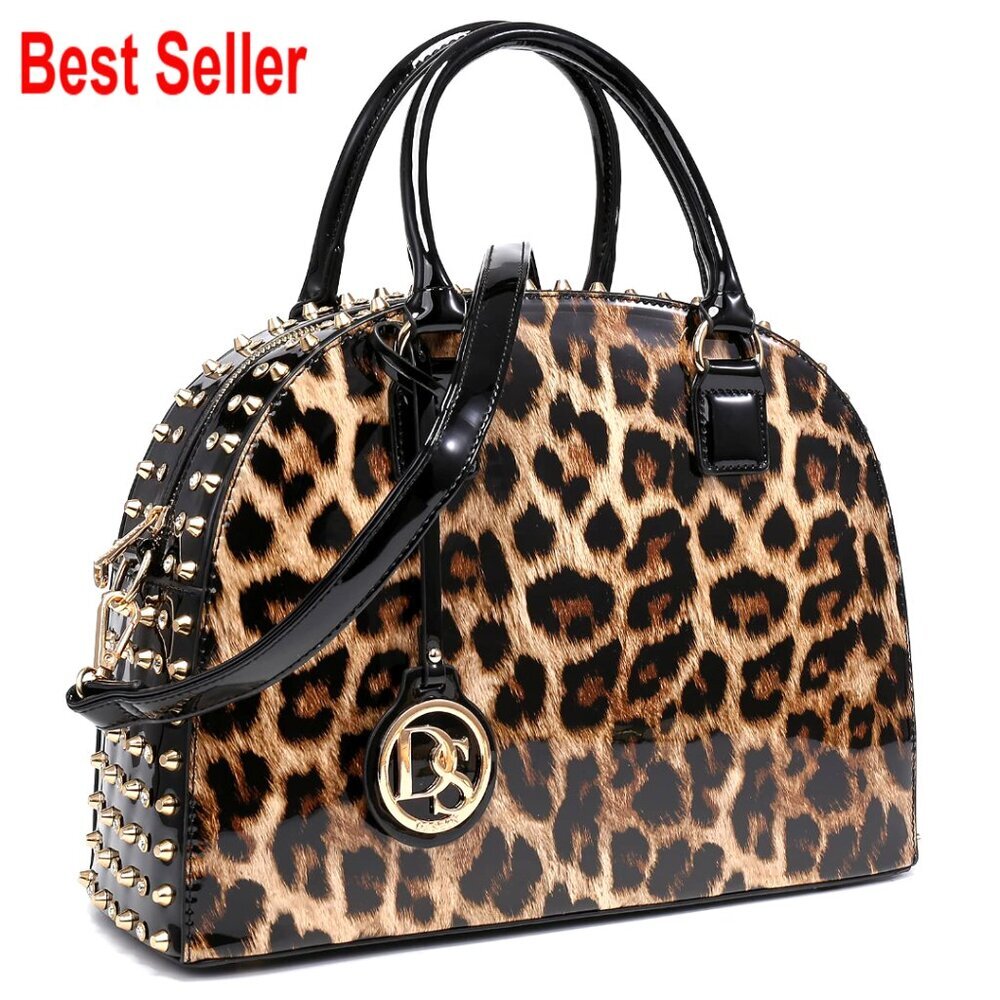 Faux Patent Leather Dome Satchel Purse with Rhinestone Studs Long Strap
